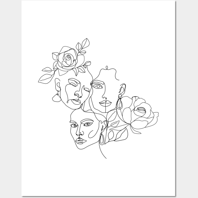 Minimal women's line art. Illustration with one line woman face, flowers and leaves. Wall Art by CoCoArt-Ua